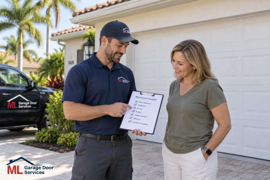 Technician reviewing a garage door maintenance checklist with a homeowner, with ML Garage Door Services branding.