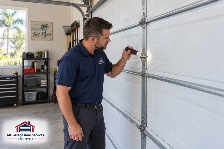 Technician inspecting garage door hardware with a flashlight, with ML Garage Door Services branding.