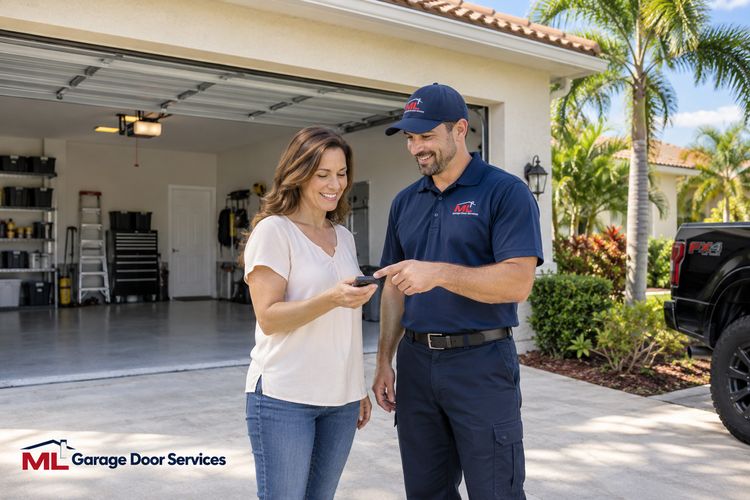 Technician and homeowner reviewing a garage door remote on a driveway, with ML Garage Door Services branding.