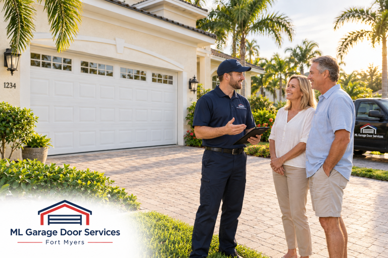 Garage door technician speaking with homeowners on a driveway, with ML Garage Door Services .